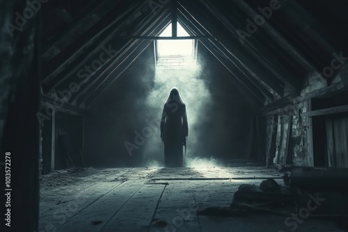 A ghostly figure in a dusty, old attic.