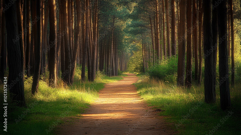 Obraz premium A serene forest path lined with tall trees, inviting exploration and tranquility amidst nature's beauty.