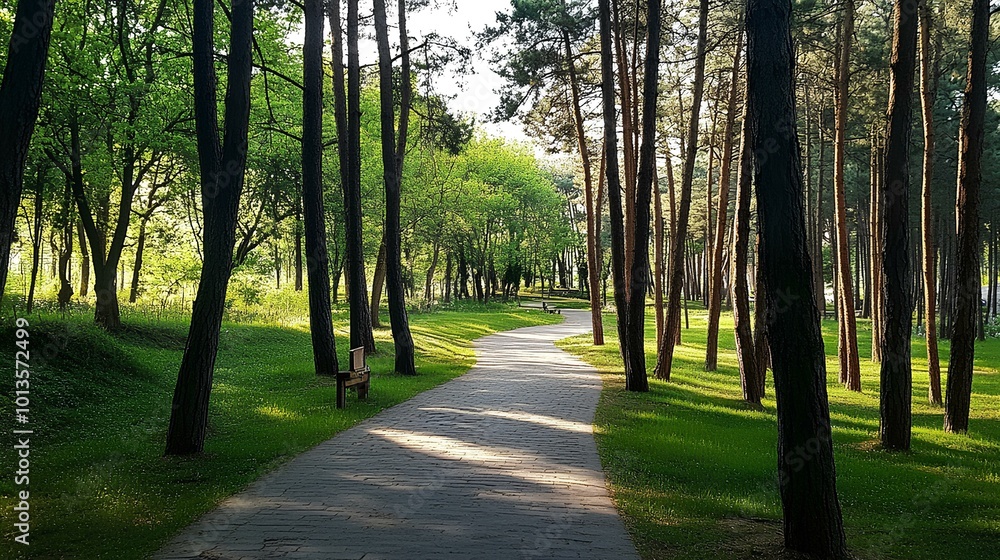 Obraz premium A serene forest path lined with tall trees and vibrant green foliage, inviting for a peaceful walk in nature.