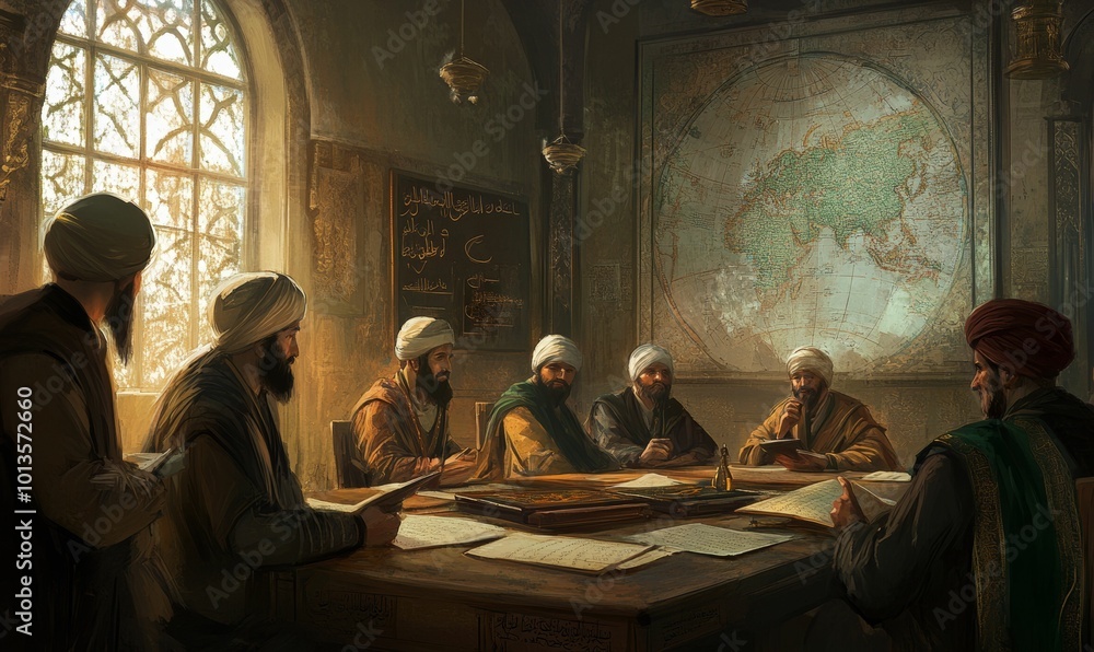Men study maps and books in a dimly lit room. Men study maps and books in a dimly lit room.