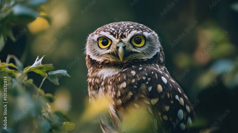A spotted owl with striking yellow eyes, perched among green foliage, attentively observes its surroundings, displaying the natural camouflage and beauty of wild birds. A spotted owl with striking yellow eyes, perched among green foliage, attentively observes its surroundings, displaying the natural camouflage and beauty of wild birds.