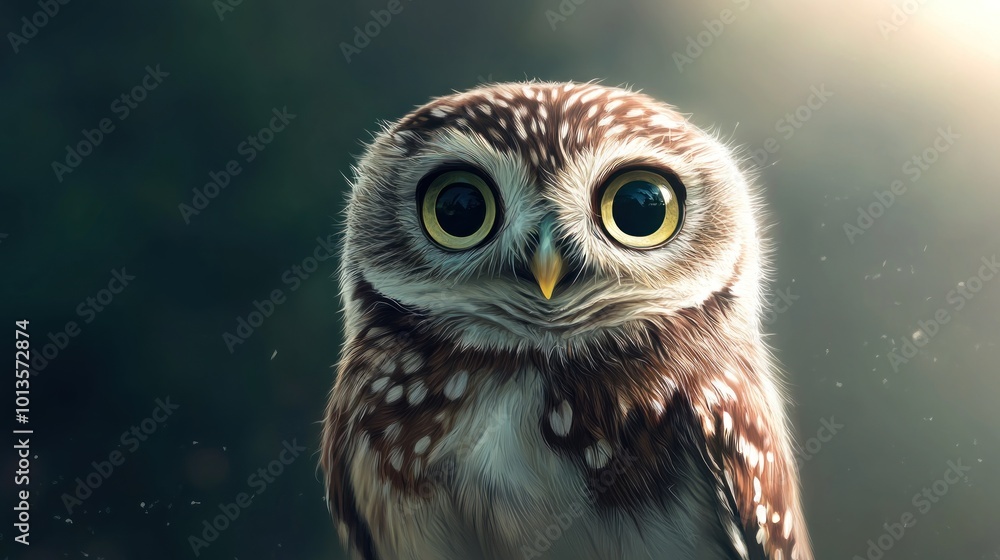 Obraz premium A digital illustration of a small owl with large, expressive yellow eyes and brown speckled feathers, set against a soft, dark, and blurred background.