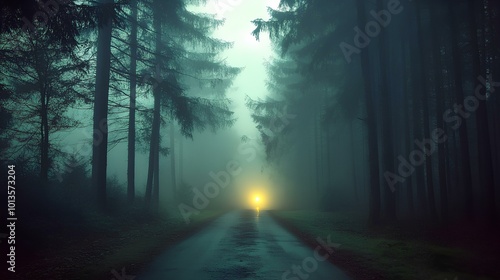 A misty forest path with a soft light glowing in the distance, creating an eerie yet serene atmosphere.