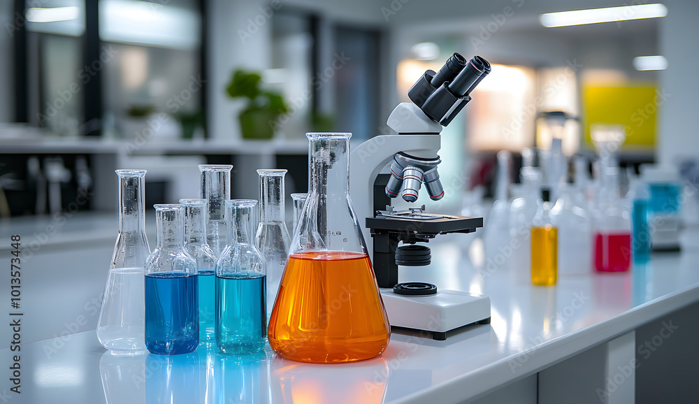 Modern Laboratory Microscope Surrounded, Beakers and Flasks with Colorful Liquids for Scientific Research design Modern Laboratory Microscope Surrounded, Beakers and Flasks with Colorful Liquids for Scientific Research design