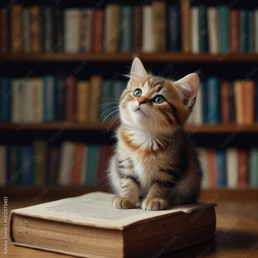 realistic illustration of a cute cat in front of a bookshelf realistic illustration of a cute cat in front of a bookshelf