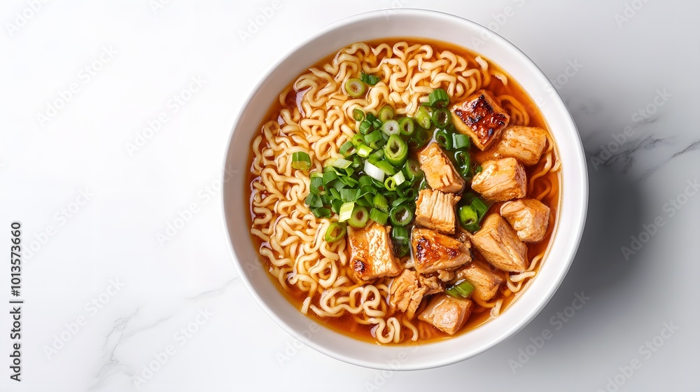 A bowl of instant ramen noodles features rich broth, green onions, and tender chicken, elegantly styled on a white marble table, showcasing soft lighting and high-detail food photography. A bowl of instant ramen noodles features rich broth, green onions, and tender chicken, elegantly styled on a white marble table, showcasing soft lighting and high-detail food photography.