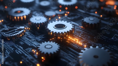 Glowing Cogs Intermeshing on a Circuit Board