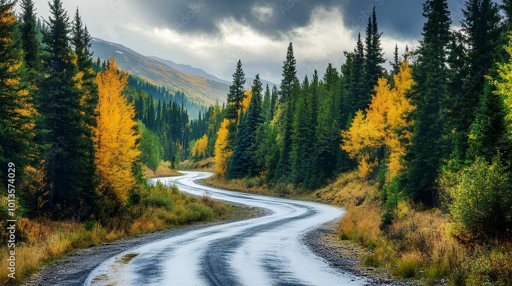 A winding road through a colorful autumn landscape, surrounded by tall evergreen trees under a dramatic sky. A winding road through a colorful autumn landscape, surrounded by tall evergreen trees under a dramatic sky.