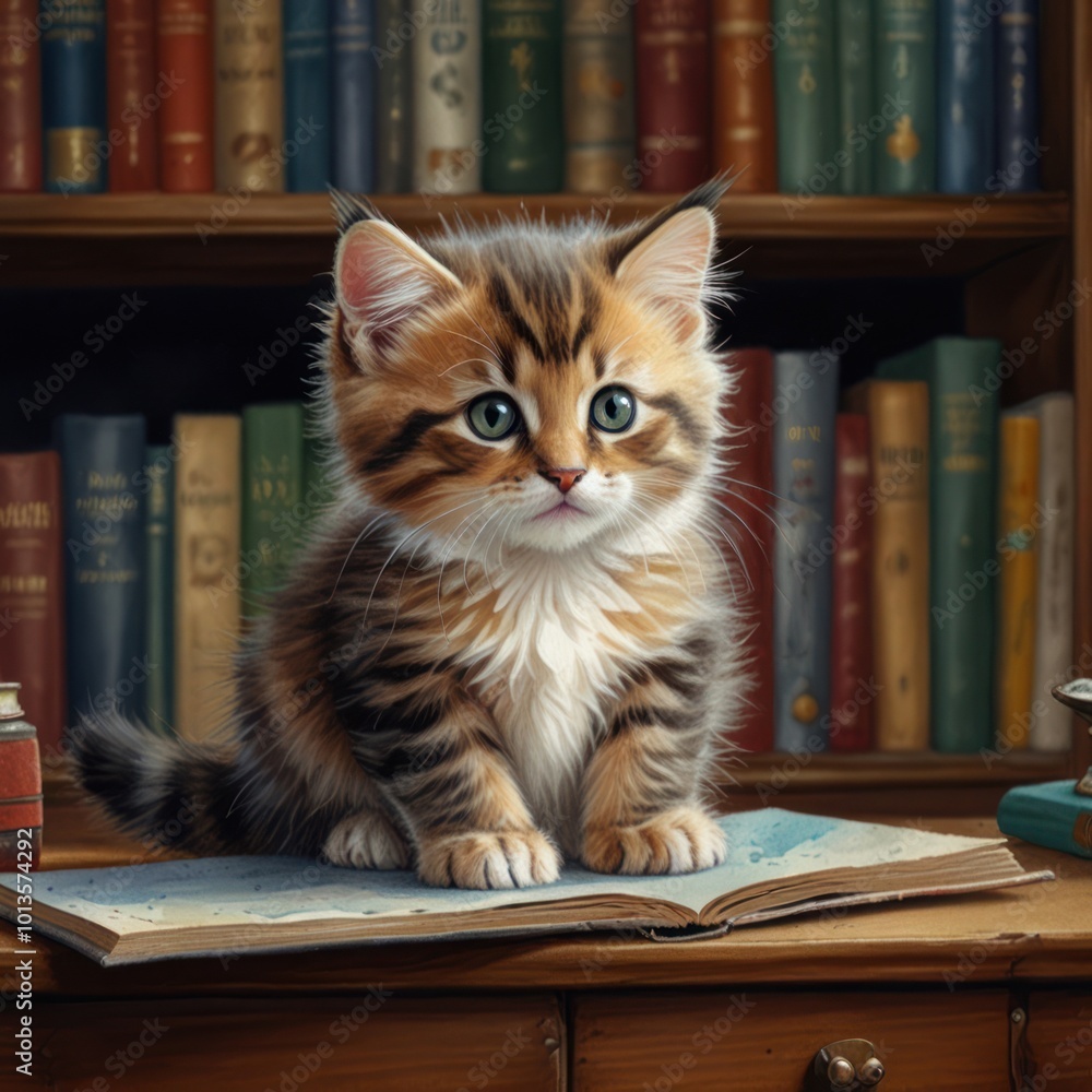 realistic illustration of a cute cat in front of a bookshelf realistic illustration of a cute cat in front of a bookshelf