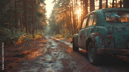 Road trip with a vintage car in a pine forest, nostalgic and adventurous