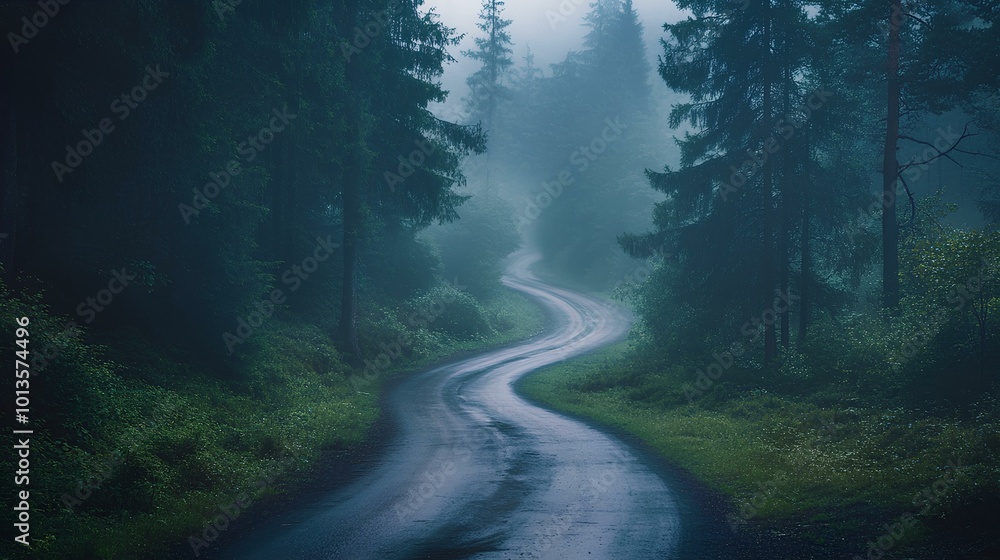 A winding, misty road cuts through a serene forest, reflecting tranquil nature and a sense of mystery. A winding, misty road cuts through a serene forest, reflecting tranquil nature and a sense of mystery.