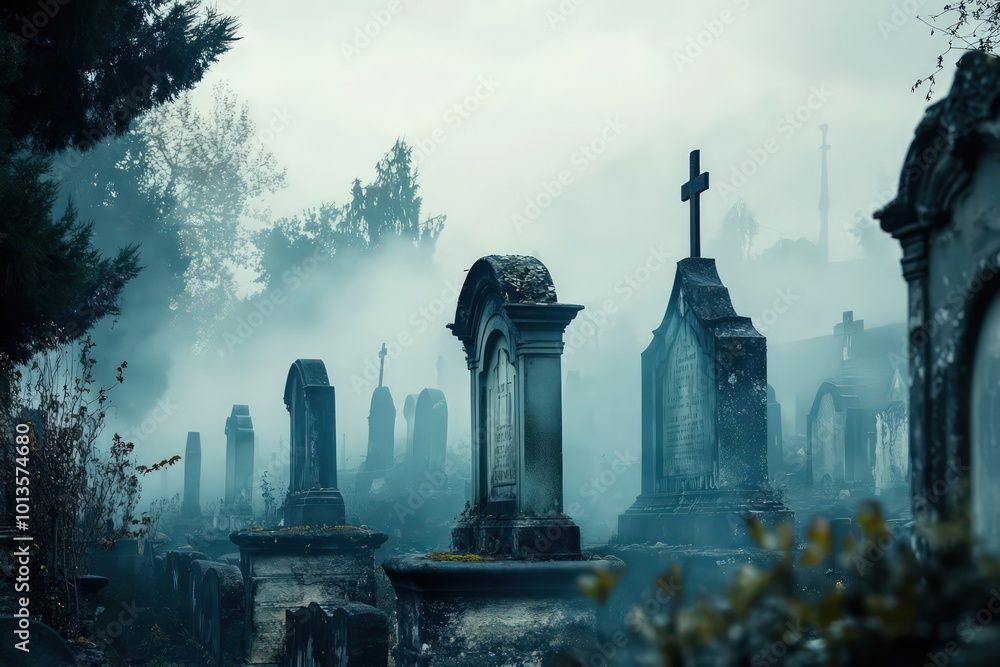 A graveyard with tombstones shrouded in mist. A graveyard with tombstones shrouded in mist.