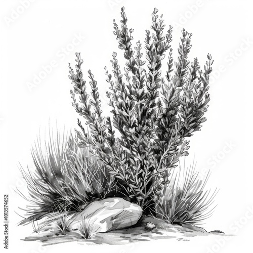 Black and white illustration of a sagebrush plant with rocks. Botanical drawing style. Nature and plant study concept for poster and print. Sagebrush. Ayuurveda. Ayurvedic herbs. Generative AI
