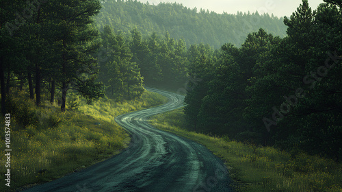 Road winding up a pine covered hill, sense of ascent and journey