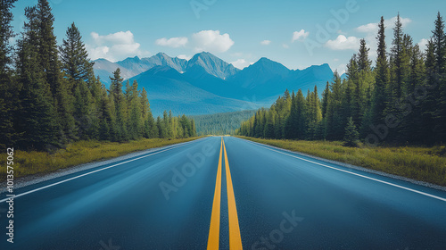 Road with a distant view of mountains, pine trees framing the scene, majestic and vast