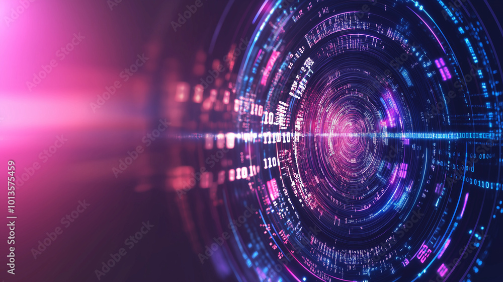 Digital technology big data connection fly through loop. Abstract simple geometric shape with binary number code illustration background. Digital technology big data connection fly through loop. Abstract simple geometric shape with binary number code illustration background.