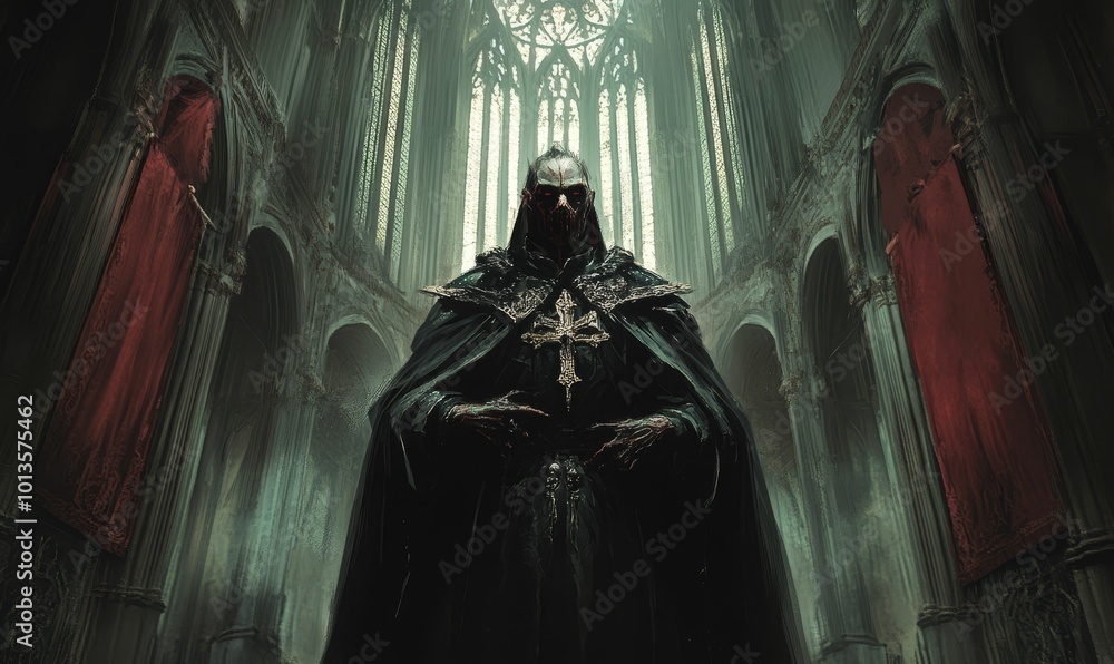 Naklejka premium Dark cloaked figure stands in a gothic cathedral.
