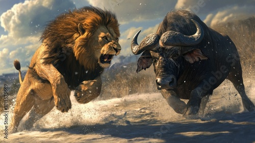 A lion charging at a buffalo in a dramatic showdown