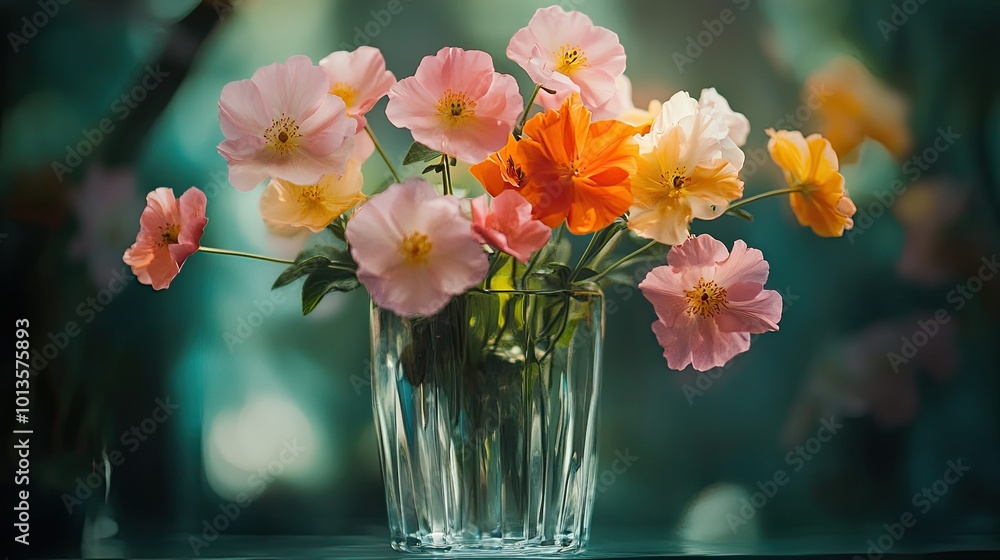 A clear glass vase filled with delicate pink and orange flowers, with soft natural lighting highlighting the vibrant colors and fragile petals