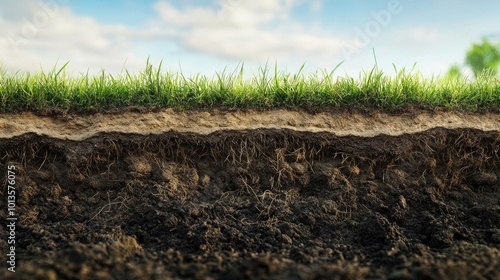 A close-up cross-section of earth and grass, revealing the layers of soil and roots below the surface in vivid detail