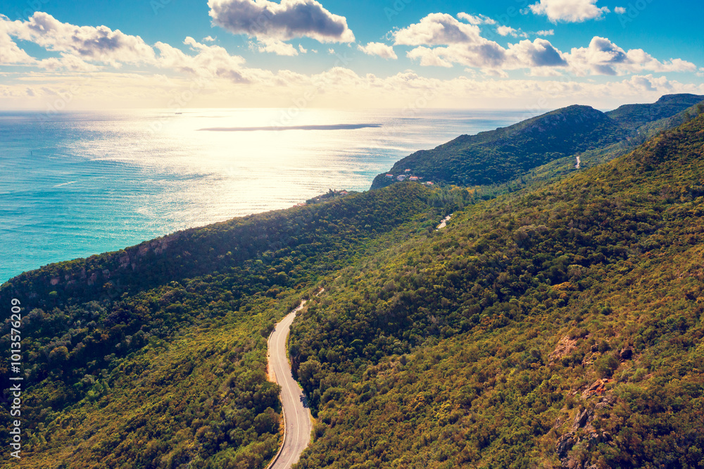 Panoramic view of the mountain seashore. Portinho da Arrabida. Setubal region, Atlantic Ocean, Portugal