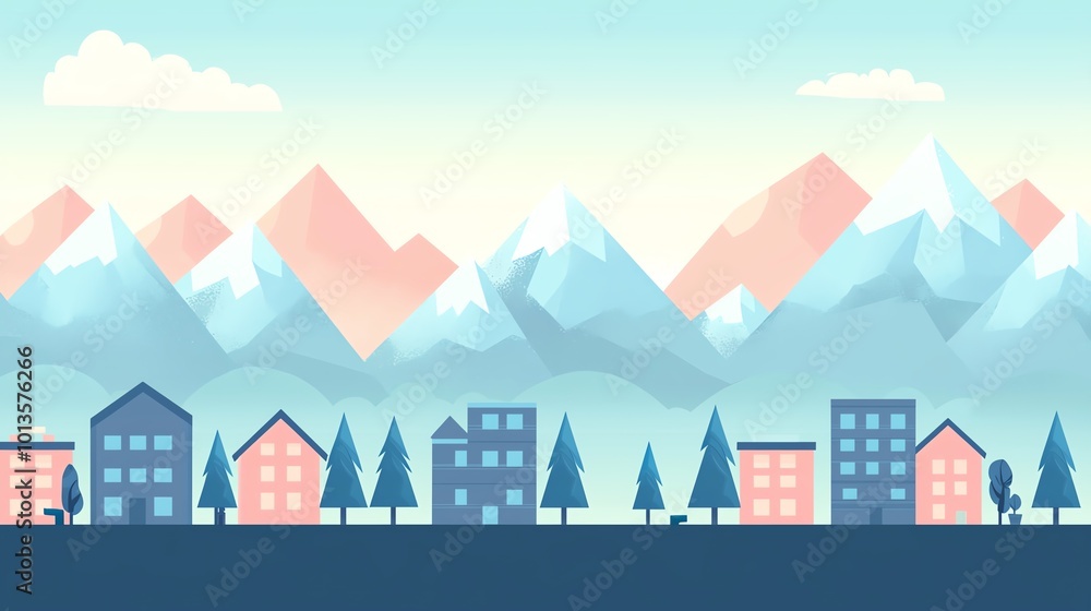 Stylized cityscape with colorful buildings and mountains on the horizon, conveying a peaceful, serene environment. Stylized cityscape with colorful buildings and mountains on the horizon, conveying a peaceful, serene environment.