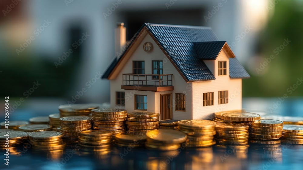 A miniature house placed on a stack of golden coins, symbolizing investment in real estate and financial growth. A miniature house placed on a stack of golden coins, symbolizing investment in real estate and financial growth.