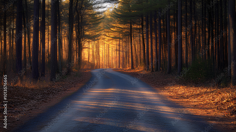 Obraz premium Road with shadows of tall pines creating a pattern, artistic and captivating