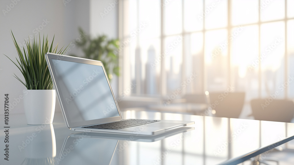 Fototapeta premium Laptop on a simple glass desk in a minimalist office, with bright, natural light highlighting the clean lines