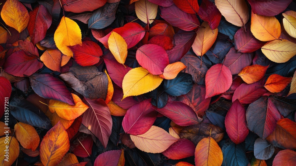 A close-up of a pile of colorful autumn leaves scattered on the forest floor, with vibrant red, orange, and yellow hues A close-up of a pile of colorful autumn leaves scattered on the forest floor, with vibrant red, orange, and yellow hues
