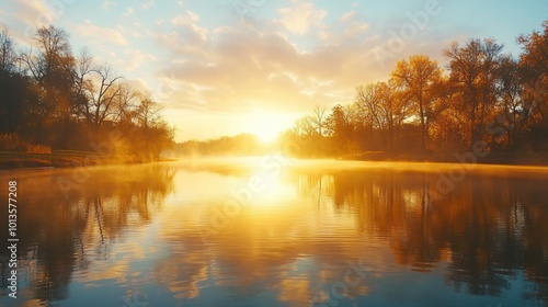 Golden Sunset Reflected in a Calm Lake with Fog and Trees