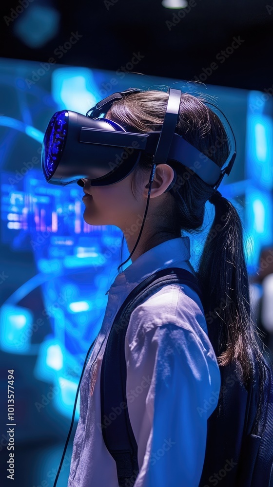 A person wearing a VR headset, engaged in a virtual experience amidst a digital backdrop. A person wearing a VR headset, engaged in a virtual experience amidst a digital backdrop.