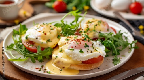 Gourmet Avocado Toast and Eggs Benedict Brunch Plate on Rustic Wooden Table