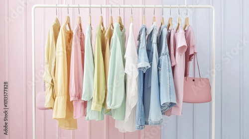 Wallpaper Mural Pastel Colored Clothes Hanging on Minimalist Clothing Rack Torontodigital.ca