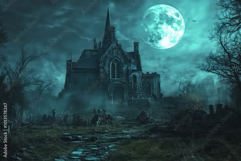 A haunted castle with bats flying around it. A haunted castle with bats flying around it.