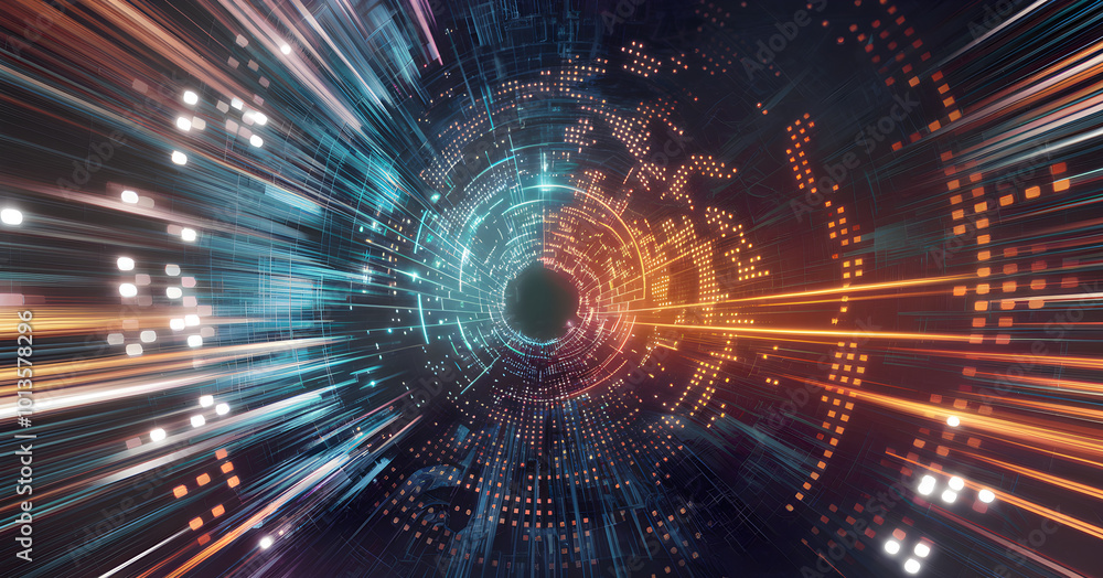 Fototapeta premium Vibrant Tunnel of Light and Color in Digital Space