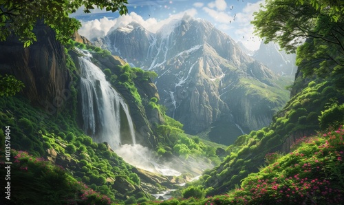 Majestic waterfall in a lush valley, 4K hyperrealistic photo