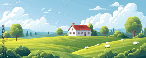 A peaceful countryside scene with rolling hills, grazing sheep, and a rustic farmhouse nestled among trees. Vector flat minimalistic isolated illustration.