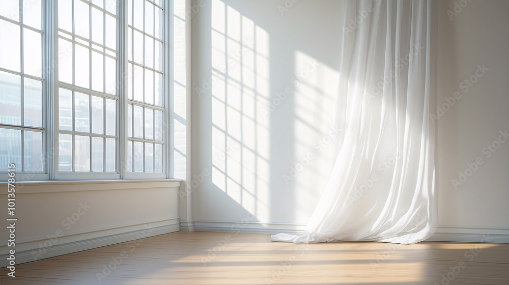 Obraz premium Modern white chair in an empty room with soft natural light streaming in through a window