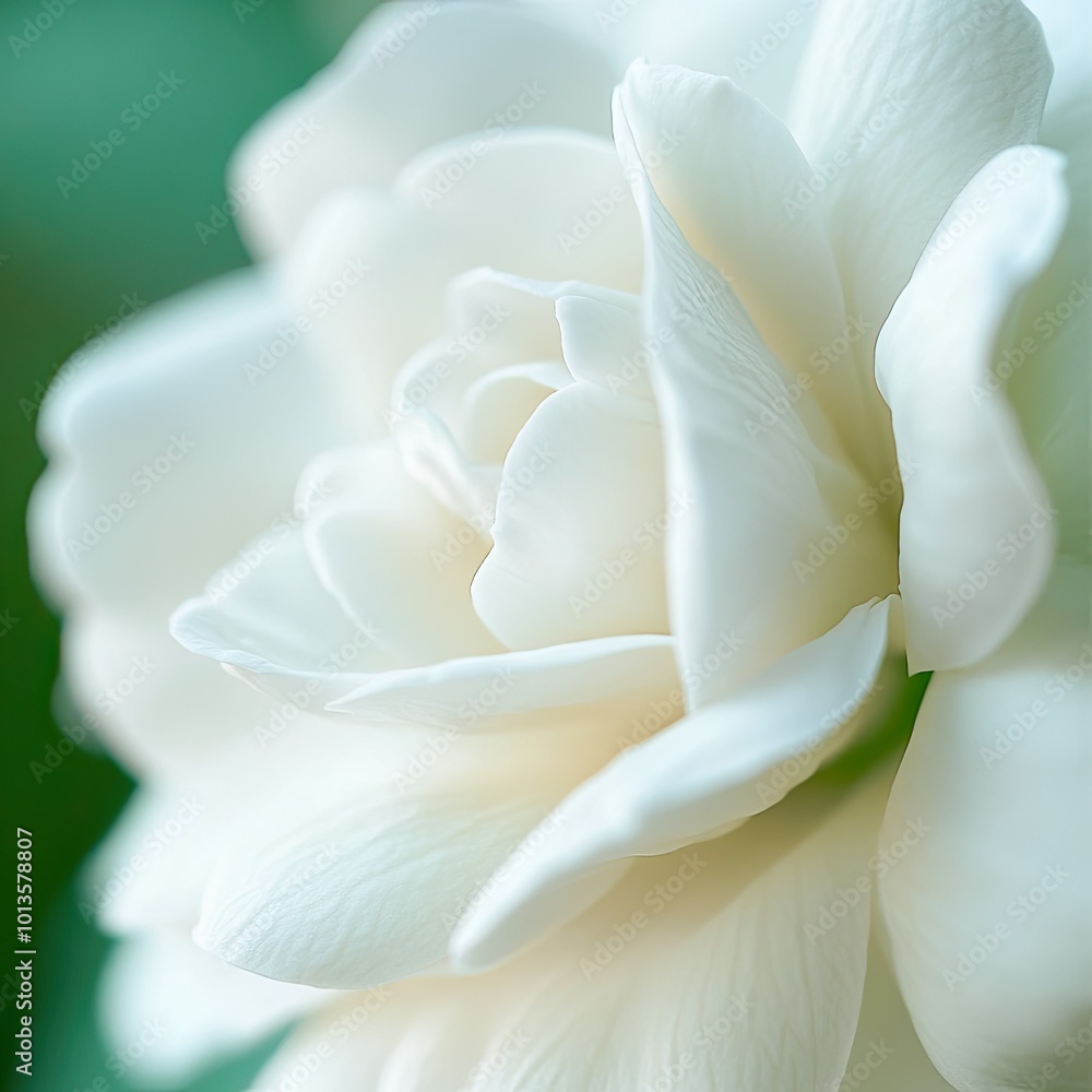 A close-up of a white gardenia flower, with its delicate petals captured in sharp focus against a green backdrop A close-up of a white gardenia flower, with its delicate petals captured in sharp focus against a green backdrop