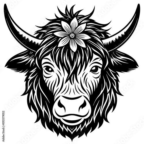 Hand drawn vector illustration of a cute yak face in a flower crown, with lettering quote Spring Is Here. Isolated objects on white. Scandinavian style flat design.