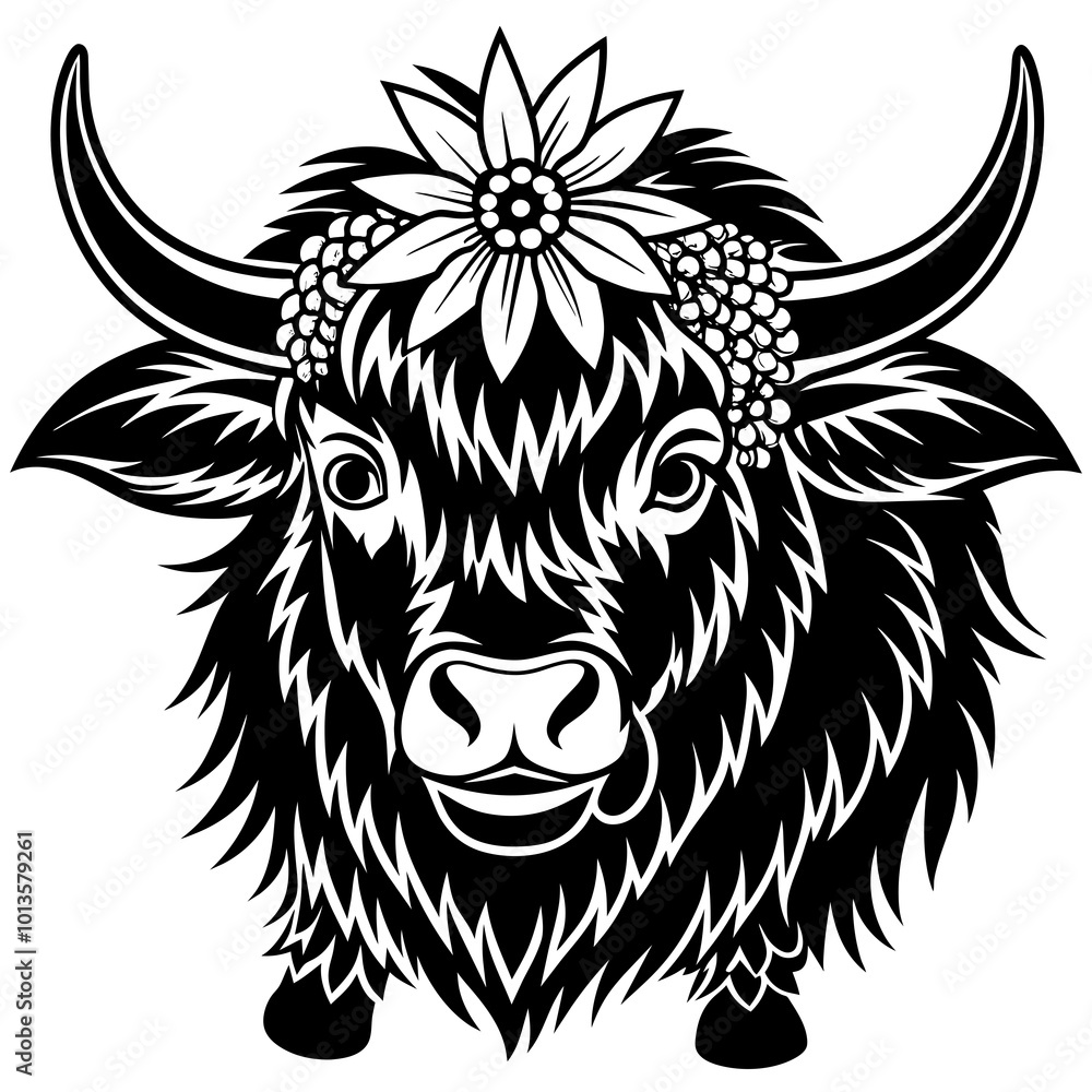 Hand drawn vector illustration of a cute yak face in a flower crown, with lettering quote Spring Is Here. Isolated objects on white. Scandinavian style flat design. Hand drawn vector illustration of a cute yak face in a flower crown, with lettering quote Spring Is Here. Isolated objects on white. Scandinavian style flat design.