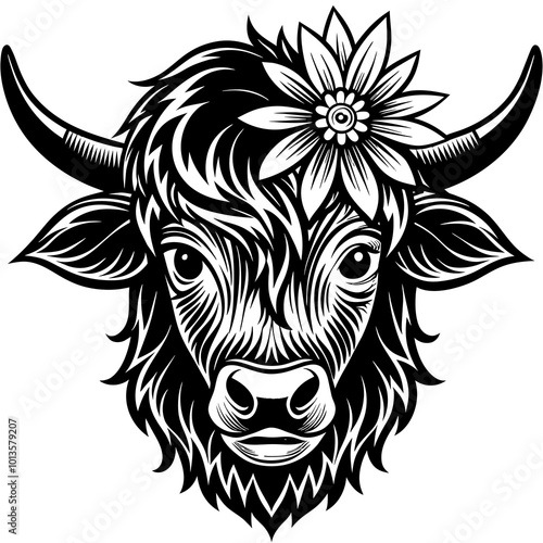 Hand drawn vector illustration of a cute yak face in a flower crown, with lettering quote Spring Is Here. Isolated objects on white. Scandinavian style flat design.