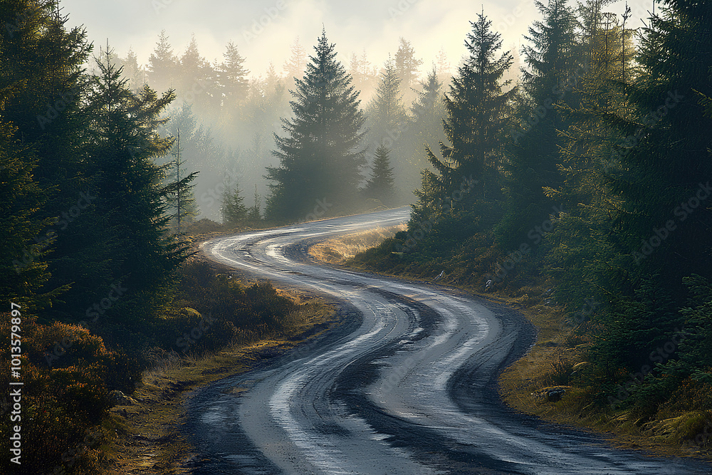 Winding road through dense pine forest, morning mist creating a mystical atmosphere Winding road through dense pine forest, morning mist creating a mystical atmosphere