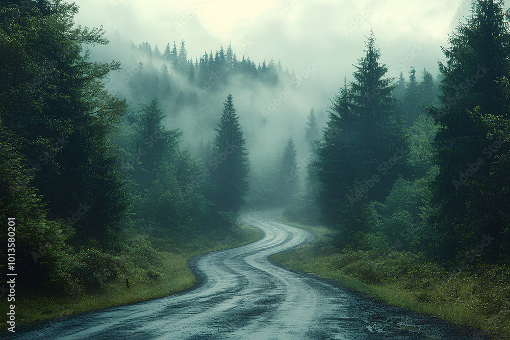 Winding road through dense pine forest, morning mist creating a mystical atmosphere Winding road through dense pine forest, morning mist creating a mystical atmosphere