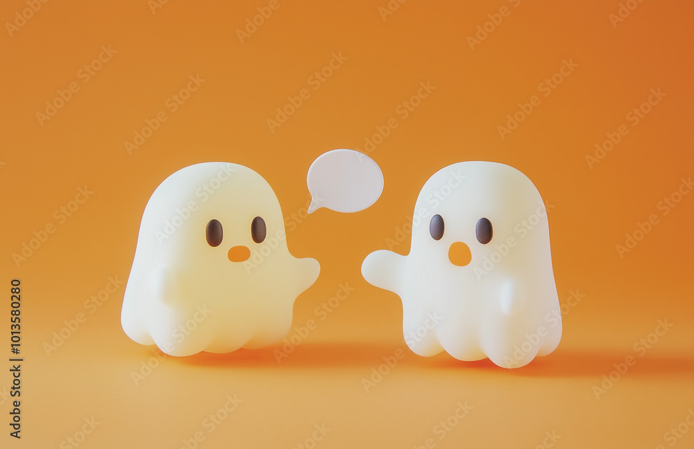 A ghosts with an empty speech bubble on a pastel orange background, symbolizing conversation or text communication. Web banner with copy space on the right. A ghosts with an empty speech bubble on a pastel orange background, symbolizing conversation or text communication. Web banner with copy space on the right.