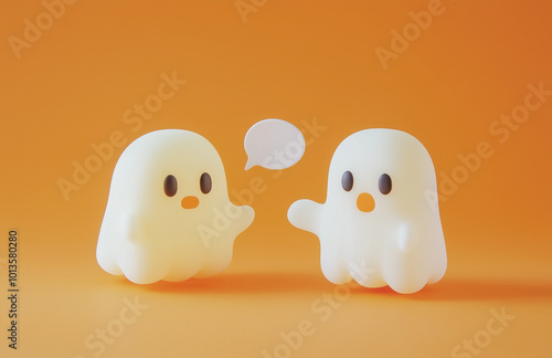 A ghosts with an empty speech bubble on a pastel orange background, symbolizing conversation or text communication. Web banner with copy space on the right.