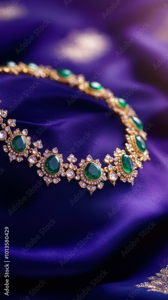 Fototapeta premium Gold choker necklace with emerald stones placed on a deep sapphire blue satin fabric, with a royal purple-to-sapphire gradient background and faint candlelight, Copy space, happy Diwali background