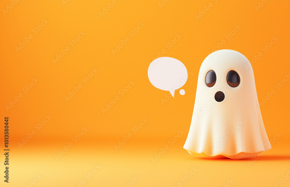A ghost with an empty speech bubble on a pastel orange background, symbolizing conversation or text communication. Web banner with copy space on the right. A ghost with an empty speech bubble on a pastel orange background, symbolizing conversation or text communication. Web banner with copy space on the right.