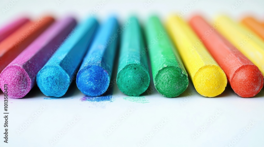 A close-up of multicolored chalk sticks arranged on a white background, each vibrant color clearly visible, perfect for educational themes A close-up of multicolored chalk sticks arranged on a white background, each vibrant color clearly visible, perfect for educational themes